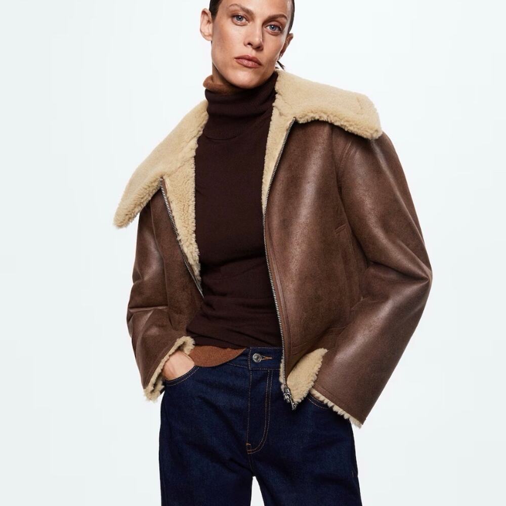 MANGO Shearling faux fur leather jacket coat - Small